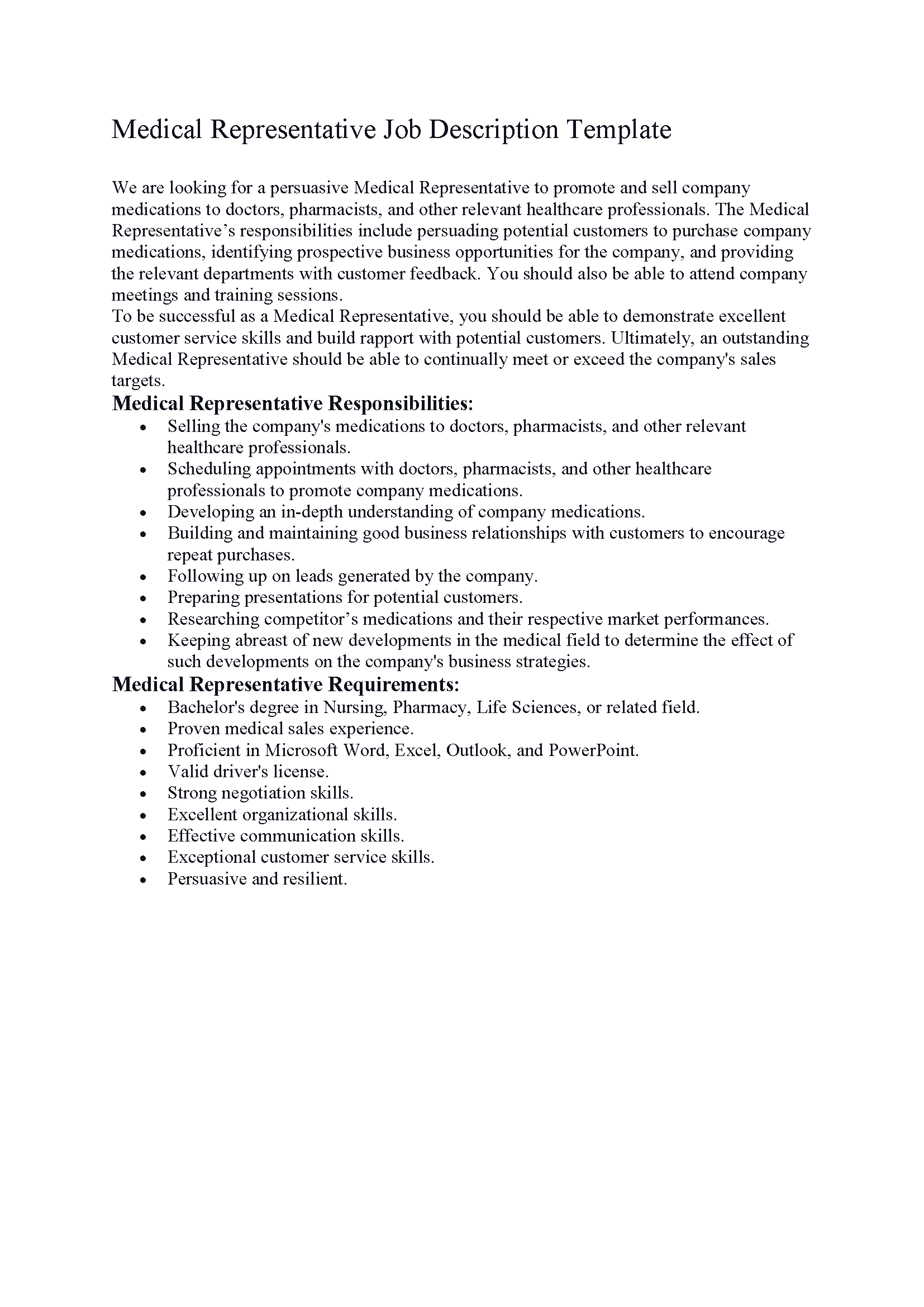 Medical Representative Job Description Template